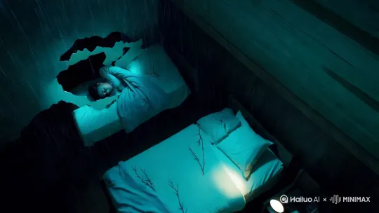 以下是根据你的描述设计的视频分镜脚本,通过视觉、音效与镜头语言强化恐怖氛围与沉浸感:
---
### **片名:《巢》**
**整体色调**:蓝绿冷色调为主,搭配闪电瞬间的刺眼橙红,鸟眼与爪痕保留暗血色高光。
---
#### **开场(00:00-00:45)**
- **镜头1(俯视旋转)**:天花板破洞的视角缓慢旋转,雨水顺着裂缝滴落,水珠折射出下方两张床的轮廓(镜头扭曲感)。
- **音效**:雨声、老旧木梁吱呀声、隐约的羽毛摩擦声。
- **镜头2(广角)**:左侧床铺特写,两个朋友蜷缩睡着,右侧床铺(主角与朋友)的手电筒微光扫过墙壁,映出树枝状的影子。
- **台词(低声)**:“那东西...还在外面吗?”
---
#### **危机逼近(00:46-02:10)**
- **镜头3(第一视角)**:主角掀开被角偷看,破洞外一道闪电劈过——瞬间照亮一只腐烂羽翼的巨鸟侧影(羽毛粘连血痂,喙部弯曲如镰刀)。
- **音效**:雷声炸响 + 鸟类喉管震颤的“咯咯”声。
- **镜头4(慢动作)**:巨鸟突然俯冲入室,翅膀扇动带飞散落的书本与窗帘,羽毛碎片如刀片划过主角脸颊。
- **特写**:右侧床朋友惊醒的瞳孔倒影中,巨鸟利爪擦过床头铁架(火花四溅)。
---
#### **死亡凝视(02:11-03:20)**
- **镜头5(长焦摇晃)**:巨鸟停在衣柜顶端,头颅180度扭向主角,眼球凸起且布满寄生虫(虹膜闪烁琥珀色荧光)。
- **音效**:心跳声放大,伴随鸟类关节扭曲的“咔咔”声。
- **镜头6(分割画面)**:左侧床两人用被子蒙头颤抖(画面左半),右侧床主角缓慢摸向床下的铁棍(画面右半,金属反光与鸟眼荧光呼应)。
---
#### **绝杀反转(03:21-04:50)**
- **镜头7(急速推近)**:巨鸟突然扑向左侧床铺!棉被被撕裂,羽毛与棉絮爆炸式飞散。
- **音效**:布料撕裂声 + 尖锐鸣叫(高频声波导致短暂静音)。
- **镜头8(手持跟拍)**:主角翻滚下床冲向房门,背后传来朋友惨叫。手电筒光束乱晃中,墙壁浮现密密麻麻的爪痕。
- **特写**:门把手近在咫尺时,地面阴影显示巨鸟已悬停在主角头顶...
- **黑屏**:吞咽声 + 液体滴落声。
---
#### **尾声(04:51-05:00)**
- **镜头9(热成像效果)**:房间温度骤降,呼吸凝成白雾。破洞外陆续飞来更多闪烁琥珀色光点的黑影。
- **字幕**:“它们需要温暖的巢。”
---
### **技术增强点**:
1. **动态光影**:用LED灯带模拟翅膀扇动的频闪阴影,增强压迫感。
2. **声音设计**:混合秃鹫喘息、蝙蝠超声波、人类牙齿打颤的骨骼传导音。
3. **生物特效**:巨鸟羽毛使用半透明硅胶,内部埋设光纤模拟寄生虫蠕动。
---
此剧本通过“狭窄空间+无法逃脱”的心理恐惧,结合鸟类怪异化改造,营造出不同于传统幽灵的生理性不适感。最终群鸟集结的暗示,可引发观众对“人类才是入侵者”的深层联想。 by Hailuo AI Video Generator