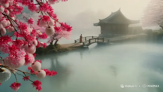 大写意，极淡吹墨，水墨艺术融合成空灵，孤寂，海底意境，极简，人，梨花，古风木屋，小桥流水人家，珠光粉，亮银，大红，国风，大面积留白，唯美，朦胧美，薄雾 by Hailuo AI Video Generator