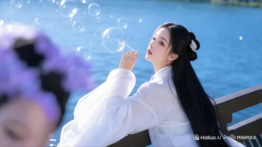 [左移,右摇,跟随]以下是一些基于此图生成高质量视频的提示词：
画面主体
•  一位身着汉服的女子，服饰细节精致，如衣袖上的刺绣图案、衣摆的流苏等，发饰精美，长发随风飘动。
•  女子手中拿着吹泡泡的工具，轻轻吹出一串串晶莹剔透的泡泡，泡泡在阳光的照射下闪烁着五彩光芒。
环境氛围
•  背景是一片宁静的湖水，湖水清澈见底，倒映着蓝天白云和周围的绿树青山，微风拂过湖面，泛起层层涟漪。
•  周围有盛开的紫色花朵，花瓣随风飘落，为画面增添了几分浪漫和梦幻的氛围。
光影效果
•  采用自然光拍摄，阳光透过树叶的缝隙洒在女子身上，形成斑驳的光影效果，突出画面的层次感和立体感。
•  泡泡在阳光的照射下呈现出透明的质感，反射出周围的景色，增加了画面的趣味性和视觉吸引力。
镜头语言
•  镜头以中景为主，捕捉女子的全身或半身，同时兼顾周围的环境，展现画面的整体美感。
•  适当加入特写镜头，如对女子的面部表情、手中的泡泡、飘落的花瓣等进行特写，突出细节之美。
•  镜头可以缓慢移动或轻微摇晃，模拟人的视线移动，使画面更具动态感和真实感。
色彩风格
•  整体色调清新自然，以蓝、白、紫等柔和的色彩为主，营造出宁静、优雅的氛围。
•  通过后期调整，增强画面的色彩饱和度和对比度，使色彩更加鲜艳、生动，同时保持画面的和谐统一。
音乐音效
•  选择悠扬、舒缓的古典音乐作为背景音乐，如古筝、琵琶等乐器演奏的曲目，与画面的古风氛围相契合。
•  添加适当的音效，如泡泡破裂的声音、风吹过的声音、花瓣飘落的声音等，增强画面的真实感和沉浸感。
叙事内容
•  视频可以围绕女子在湖边吹泡泡展开一个简单的故事，如她 initially 发现泡泡的奇妙，然后尽情地吹泡泡，享受着这美好的时光，最后带着满足的笑容离开画面。
•  在叙事过程中，通过女子的表情和动作传达出她的情感变化，使观众能够更好地共鸣。 by Hailuo AI Video Generator