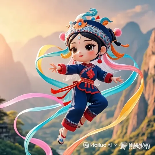 [推出,上升,下摇]人物自由飞翔在群山之间，彩带随风飘扬 by Hailuo AI Video Generator