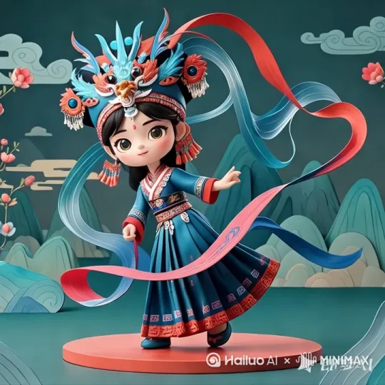 [右移,跟随]人物旋转翩翩起舞，彩带随风飘扬，云彩缓缓移动 by Hailuo AI Video Generator