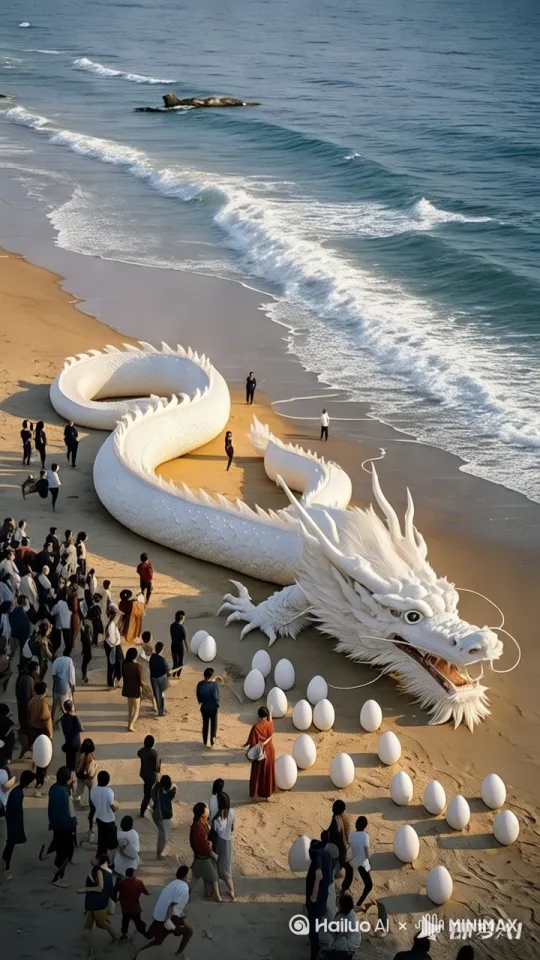 巨龙惊醒，突然腾身窜起，空中盘旋一圈，飞向远处，然后飞入海中，尾巴搅得浪头炸开白花，咕咚钻进海里。 by Hailuo AI Video Generator