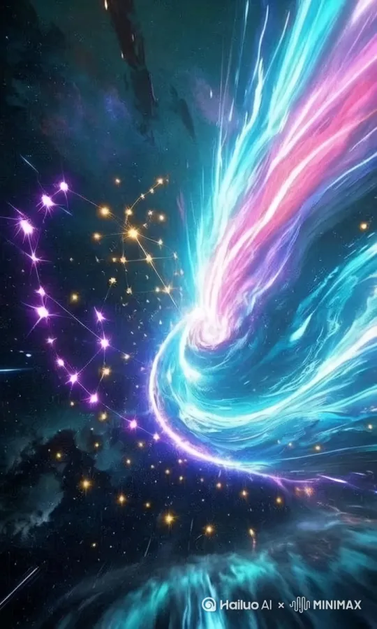 场景设定:“浩瀚星空,深蓝色背景点缀着无数星光,中央是一片巨大的 彩色旋涡,由蓝、粉等光线交织而成,宛如通往另一个维度的门户。”- 角色动作(如果适用):“镜头从远处缓缓推进,进入旋涡内部。画面中偶尔闪过流星和彗星尾迹,增加动感与神秘感。”- 镜头运用:“使用广角镜头展现星空全貌,特写镜头聚焦于旋涡细节。通过镜头的平移、旋转以及缩放营造身临其境的感觉。”- 特效设计:“添加动态模糊效果使光线流动起来,增强视觉冲击力。利用光效让星星闪烁并散发柔和光芒。在转场时采用淡入淡出或粒子扩散效果以保证流畅过渡。”- 音效配合:“选择悠扬而神秘的背景音乐,如弦乐交响曲或电子合成器旋律,搭配适当的环境声效例如风声等,进一步提升沉浸式体验。” by Hailuo AI Video Generator