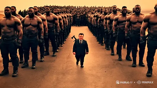 this man is a small dwarf,肩膀上扛着一把斧子,迈着六亲不认的步伐,走出了黑道大哥的形象,后面跟着一群人高马大的小弟,从头到脚全完整体现,全身正面。固定镜头,人物拉近+跟随 by Hailuo AI Video Generator