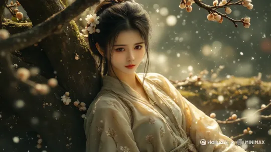 摇镜从市集灯火摇向主角，最后定格在飘落的花瓣。 by Hailuo AI Video Generator
