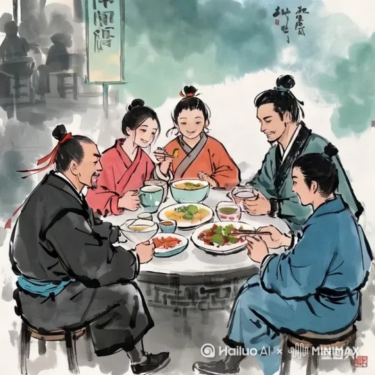 吃饭，夹菜往嘴里填，嚼 by Hailuo AI Video Generator