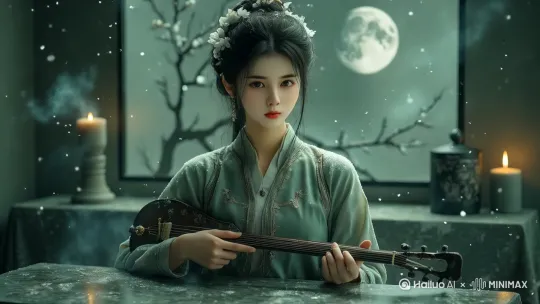 拉镜从琴弦拉至窗外满月，琴音余韵悠长。 by Hailuo AI Video Generator