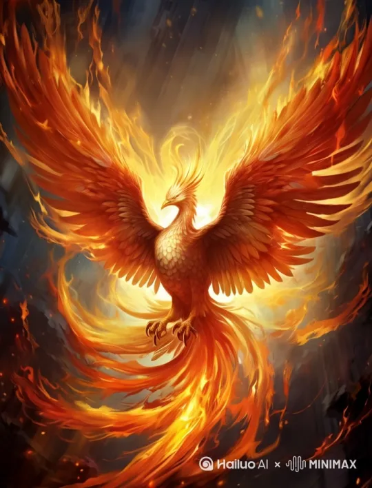 "A cinematic scene of a phoenix rising from intense flames, vibrant red and gold feathers glowing brightly, wings spreading wide as it takes flight, swirling fire and glowing embers surrounding the phoenix, dramatic lighting with flickering shadows, dark smoky background with glowing highlights, slow-motion capture of the flames and feathers, ultra-detailed 8K resolution, traditional Chinese art style blended with modern fantasy effects, epic and emotional atmosphere, symbolizing rebirth and strength."** by Hailuo AI Video Generator