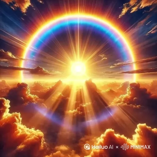 场景设定：“壮丽天空背景，太阳位于画面中央，周围环绕着彩虹般的光环。金色光线穿透云层洒向大地，形成神圣而神秘的氛围。”- 角色动作（如果适用）：“镜头从地面缓缓升起，穿过薄雾弥漫的树林或草原，直至接近太阳所在位置，象征着追求光明与梦想的过程。”- 镜头运用：“使用广角镜头捕捉整个日出全景，特写镜头聚焦于阳光穿透云层瞬间以及地面上被照亮物体的变化过程。通过镜头的缓慢推进和环绕运动营造宁静美好之感。”- 特效设计：“添加柔光效果使画面更加温暖柔和，增强视觉舒适度。利用色彩渐变技术展现从深蓝到金黄的自然过渡效果，突出时间流逝的感觉。”- 音效配合：“选择轻柔舒缓的音乐作为背景旋律，如钢琴独奏或弦乐四重奏等，同时加入鸟鸣声和风声等自然元素以增加真实感。” by Hailuo AI Video Generator