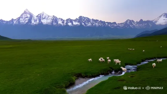 民勤地处河西走廊，祁连山雪水滋养了这片广袤的土地。清澈的雪水、丰美的牧草，为羔羊提供了得天独厚的生长环境。在这里，羔羊自由觅食，饮用纯净的雪水，肉质自然纯净无污染。 by Hailuo AI Video Generator