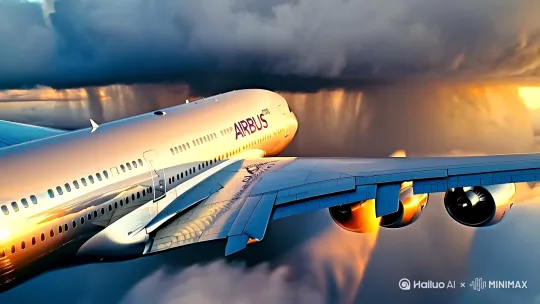 "震撼电影感航拍，空中客车A380银灰色机身特写，阳光在机腹形成流动光斑，前挡风玻璃折射云层倒影，无人机搭载陀螺稳定摄像机，110°广角从右后方45度贴身跟随，暴风云背景下飞机穿越积雨云，翼尖拉出冷凝云轨迹，螺旋气流造成镜头轻微震动，夕阳逆光塑造金色机身辉光，发动机尾喷口热浪扭曲空气，超高清画质捕捉铆钉气动霜花与襟翼液压运动，动态环绕运镜从俯冲跟拍过渡到仰角拉升，杜比全景声引擎轰鸣音效，专业航空摄影质感，商业广告级画面冲击力"[右移,跟随] by Hailuo AI Video Generator