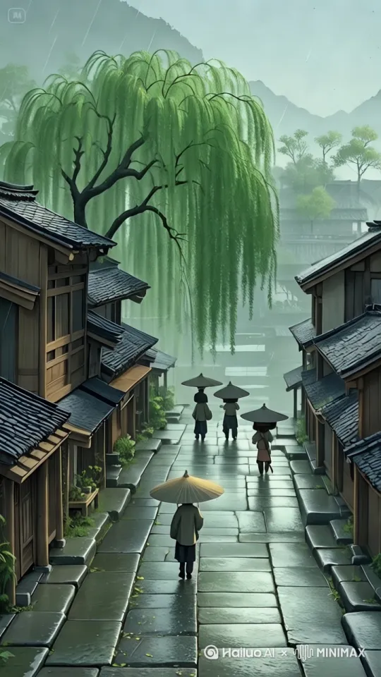 雨哗啦啦的下着，柳树缓慢摇曳，路上行人慢慢走远。 by Hailuo AI Video Generator
