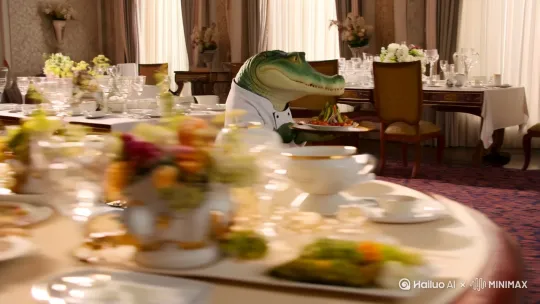 - **场景：**从厨房走到餐厅，背景是优雅的餐桌和装饰精美的餐厅环境。  
- **主体**：扬子鳄仍然穿着厨师服，手里端着一个精致的托盘，上面放着一道精心烹制的菜肴。  
- **细节**：托盘上的菜摆盘精致，散发出香气；扬子鳄脸上带着微笑，礼貌地将菜递给客人。  
- **氛围**：友好而专业，突出扬子鳄作为厨师的热情与细致服务。 by Hailuo AI Video Generator