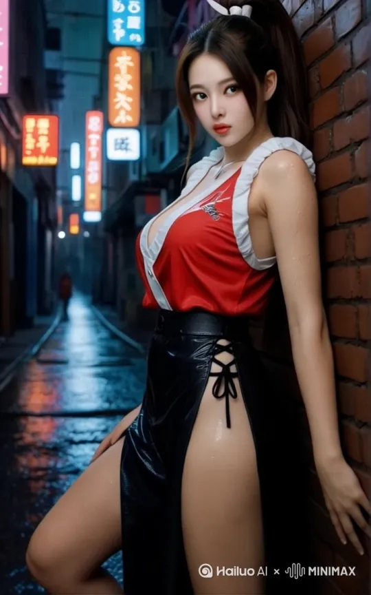 不知火舞靠着墙摸自己胸 表情妩媚动作缓慢 by Hailuo AI Video Generator
