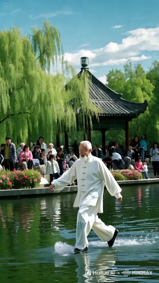 "镜头移动，动态跟随，在一条波光粼粼的河流之上，阳光洒下，河面闪烁着细碎的金光。一位精神矍铄的老人，身着朴素的传统服饰，稳稳地站在河面上。
只见老人双脚轻轻向前滑动，如同一道黑色的闪电，瞬间施展出中国功夫中的“轻功水上漂”。他的身姿轻盈飘逸，向前滑动的同时，将脚下的水面划出一道孤线，如离弦之箭般向前飞奔。水花被他的脚步高高溅起，在空中形成一道道晶莹的弧线，纷纷扬扬地洒落。
老人的动作不仅迅速，还极具节奏感，仿佛在水上翩翩起舞。他的身影在河面快速穿梭，。
岸边早已围满了围观的人群，大家都被这神奇的一幕惊得目瞪口呆。片刻后，人群中爆发出一阵热烈的掌声和叫好声。有人激动地挥舞着手臂，有人忍不住大声赞叹，所有人都沉浸在这震撼又精彩的场景之中。" by Hailuo AI Video Generator