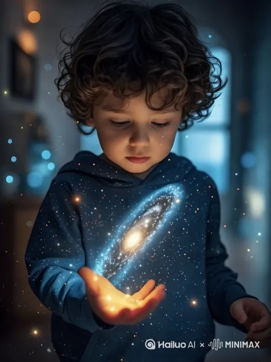 一个小男孩穿着星空图案的连帽衫，小男孩表情不变，手中捧着一个旋转的宇宙星系，星光闪烁，周围环境温馨而充满科技感，背景音乐轻柔梦幻，整个视频充满了童真和探索宇宙的好奇[左移,右摇,跟随] by Hailuo AI Video Generator