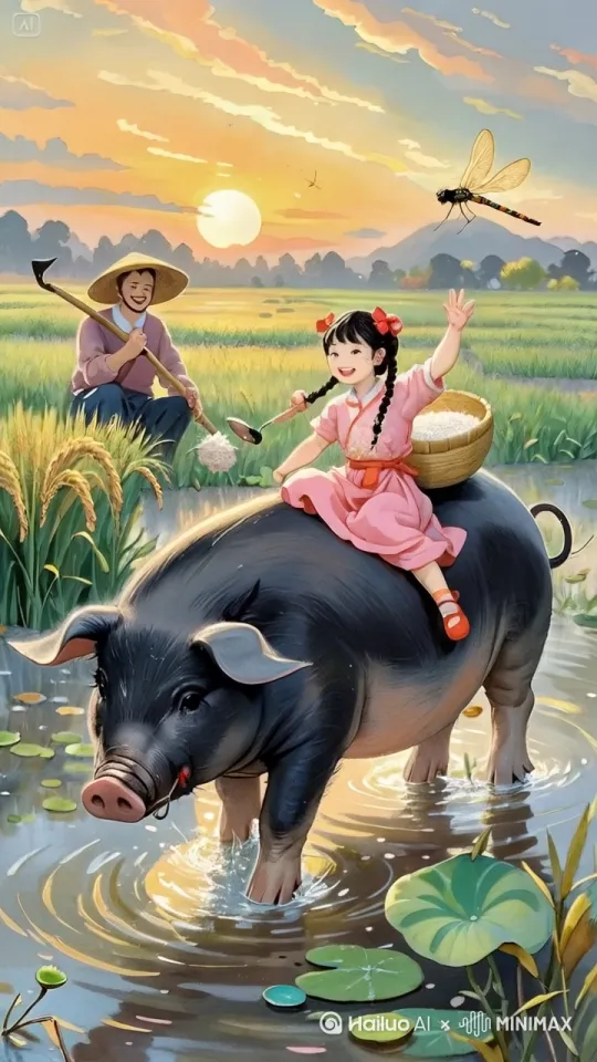 小黑猪图着小女孩快速的飞了起来，水下飞出很多鱼。 by Hailuo AI Video Generator