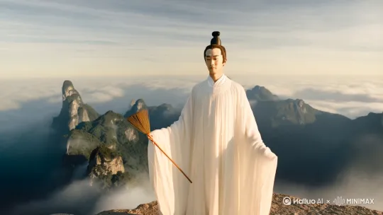 一位身穿白色道袍的道士，手持拂尘，站在青城山的山巅，背景是云雾缭绕的山峰。道士面容清秀，神情宁静，发型为简单的发髻。整体色调以柔和的自然光为主，突出道士的超凡气质和仙气。 by Hailuo AI Video Generator