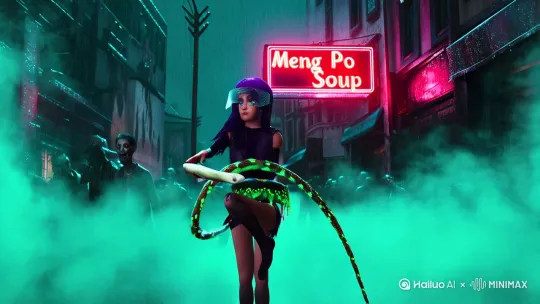 青绿色生化烟瘴笼罩雨巷|叶岚蛇骨鞭缠腰滴落翡翠妖血|霓虹招牌"孟婆汤"闪烁故障|半透明防护面罩映出挑染紫发|慢镜头抬腿踏碎水中丧尸倒影
进阶修饰：
王祖贤式眼波流转|雨水在睫毛凝成血珠|背后尸群如敦煌壁画飞天扭曲 by Hailuo AI Video Generator
