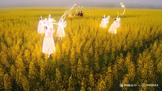 1. 非遗钱杆花海圆舞曲
场景设定：春日晨雾中的金色花田，半透明油菜花人手持发光钱杆起舞。钱杆敲击地面时激起涟漪状光斑，花瓣随节奏聚合成蝴蝶形状，远处侗族芦笙手藏在花丛中伴奏。
核心创意：将传统钱杆舞与花海光影结合，通过「涟漪光斑」「花瓣聚蝶」等特效强化治愈感，芦笙声与风声混响增强沉浸感。 by Hailuo AI Video Generator