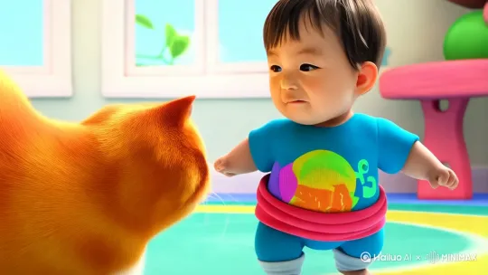1. 大橘猫躬起身子，浑身的毛根根直立，“嗷呜”一嗓子后，伸出肉垫，带着呼呼风声，朝着婴儿的肩膀就是一记猛拍。婴儿被这一击打得晃了晃，却不示弱，胖腿一蹬，脚丫直踹大橘猫圆滚滚的肚皮。

2. 大橘猫嘶吼着，前爪高高抬起，锋利的爪子弹出，恶狠狠地抓向婴儿的衣服。婴儿脑袋一偏躲开，攥紧小拳头，铆足劲儿捶向大橘猫的脑袋，接着又抬起膝盖，往大橘猫身上顶。

3. 大橘猫怒目圆睁，后腿发力高高跃起，在空中扭转身体，两只前爪同时挥出，去挠婴儿的脸。婴儿往后退了一步，险险避开，随后快速弯腰，抱住大橘猫的身子，想把它摔倒在地，大橘猫则拼命扭动挣扎，伸出爪子乱抓。 by Hailuo AI Video Generator