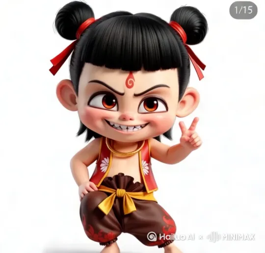 哪吒脚踩风火轮，手持火尖枪，混天绫随风飘动，以经典的烟熏妆造型亮相。他咧嘴一笑，露出标志性的尖牙，用略带挑衅但充满热情的语气向学生们喊道：  



随后，他收起武器，盘腿坐在一朵莲花座上，语气稍缓但仍带着傲娇： by Hailuo AI Video Generator