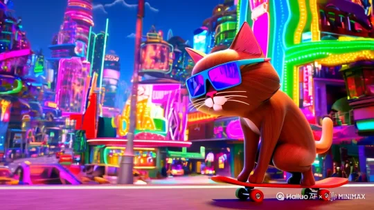 一只带着墨镜的3D猫，在霓虹城市的街道上，玩滑板[左移,上升] by Hailuo AI Video Generator