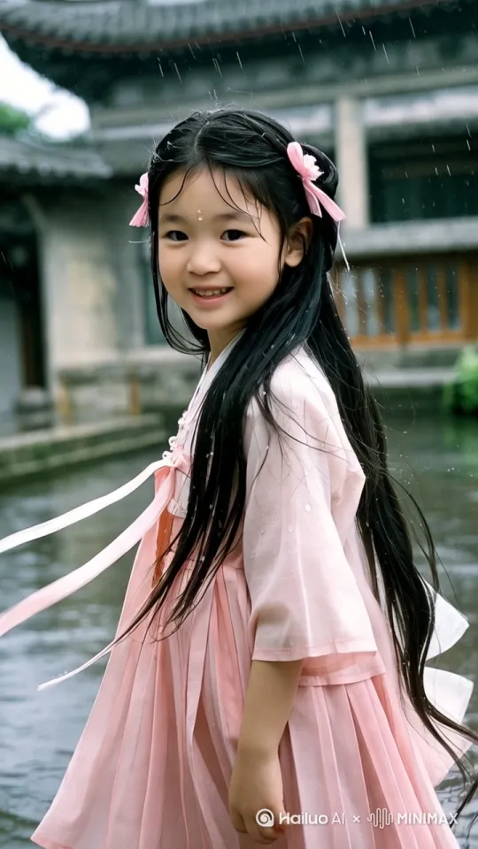 [左移,右摇,跟随]小女孩在雨中行走，雨水呈现水珠状落下，电影级画面，60fps，极致细节 by Hailuo AI Video Generator