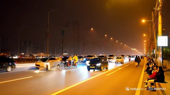 中国诚实的道路上晚上又骑着电车有汽车情侣坐在路边看着车流有双向很宽的城市道路有来往汽车有路灯近景复合中国城市 by Hailuo AI Video Generator