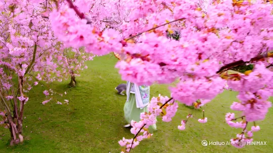 粉樱簌簌[环绕360°]坠落在女子[低角度跟拍]的苏绣披肩上，她执二十四骨竹伞[推进至中景]驻足凝望新抽的柳枝，忽然旋身[快速横移]带起浅碧裙裾，惊飞草坡上啃食嫩芽的灰兔[俯拍转航拍] by Hailuo AI Video Generator