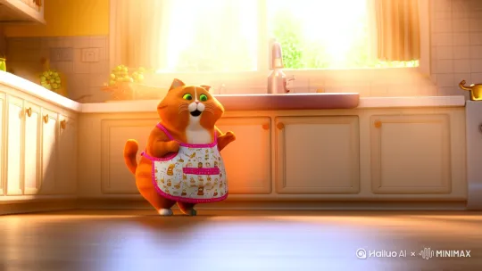 阳光透过窗户，洒在整洁	胖橘猫:“	
的厨房台面上。一只拟人	超级美味	
化的胖橘猫穿着可爱的猫咪图案围裙，哼着小曲，蹦蹦跳跳地走进厨房，脸上洋溢着期待的笑
容。 by Hailuo AI Video Generator