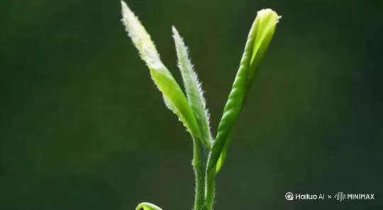 茶叶发芽；从小芽生长到大，延时拍摄手法[下降,上摇][左摇,变焦推进] by Hailuo AI Video Generator