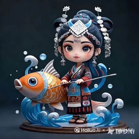 人物兴高采烈跳跃，水花四溅，鱼儿活蹦乱跳 by Hailuo AI Video Generator
