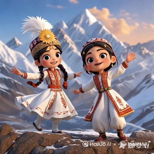 [推出,上升,下摇]人物手拉手在雪山之间飞翔， by Hailuo AI Video Generator