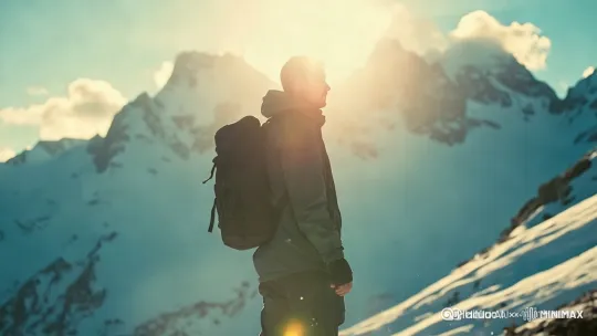 "Ultra-detailed cinematic video, close-up of the man's back slowly turning his head slightly (subtle motion), snowflakes drifting across the frame. Camera pushes forward gently from medium shot to shoulder-level close-up, revealing fabric texture of his jacket. The distant snow peaks shimmer with golden sunlight, clouds moving at 0.5x speed. Style: 35mm film grain, color graded with teal shadows and amber highlights."
运镜控制:
推进速度:0.3m/s(持续4秒)
动态模糊强度:20%
镜头焦距:50mm → 85mm(模拟浅景深过渡) by Hailuo AI Video Generator