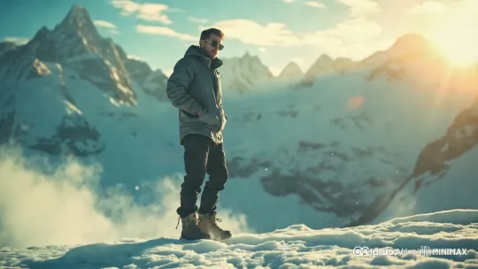 "Wide-angle landscape video orbiting 180° around the man, capturing his confident stance against the vast mountain range. Snow swirls upward from his boots (simulated physics), distant avalanche mist floats in the air. Camera tilts upward 15° while orbiting, revealing storm clouds gathering at the summit. Add subtle camera shake to mimic handheld documentary style."
运镜控制:

环绕半径：5米（人物为中心）
旋转速度：6秒/圈（逆时针）
垂直同步运动：Y轴缓升0.2m/s by Hailuo AI Video Generator