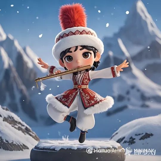 [下降,上摇]人物眼睛不停眨眼，手舞足蹈，在雪山之间飞翔， by Hailuo AI Video Generator