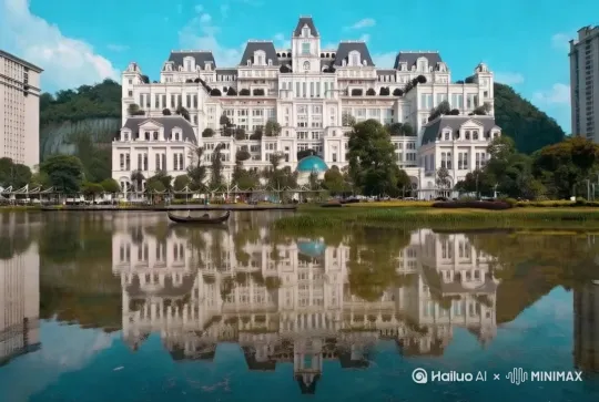 有一个很大的霸王龙在水面上奔跑，头左甩甩，右摇摇[跟随] by Hailuo AI Video Generator