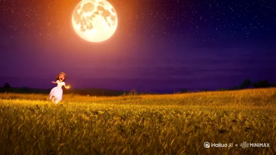 帮我生成一个夏天的夜晚，一个女孩和一个男孩在田野里追萤火虫，要求月明星稀，画面温馨美丽 by Hailuo AI Video Generator