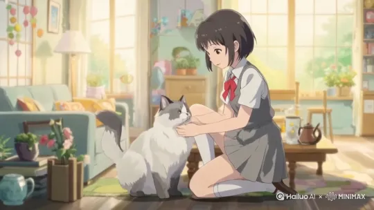 固定视角拍摄，女孩在专注温柔地给猫咪讲故事，被妈妈说话的声音打断。 by Hailuo AI Video Generator