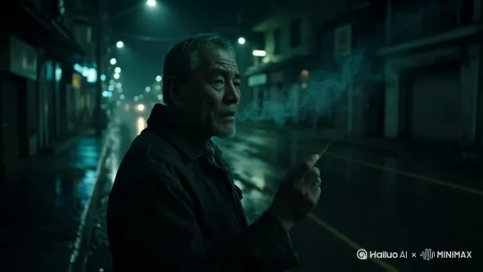转身往前走去，留下萧瑟背影，和孤独的街景，固定镜头
 by Hailuo AI Video Generator
