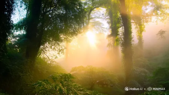“清晨的阳光透过茂密的森林，薄雾缭绕，树叶上的露珠闪闪发光，远处传来轻柔的鸟鸣声。镜头缓缓推进，展现一片宁静的绿色世界，搭配舒缓的钢琴背景音乐，营造出治愈放松的氛围。” by Hailuo AI Video Generator