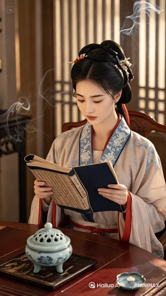[推出,上升,下摇]，汉服美女在读书 by Hailuo AI Video Generator