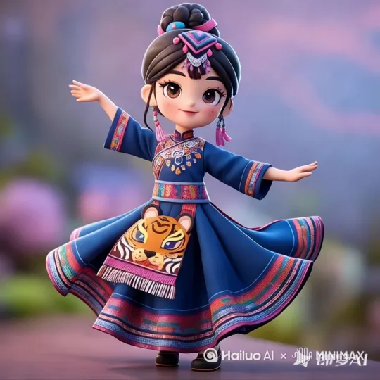 [推进,上升]人物眼睛不停眨眼，手不停上下舞动，不停旋转翩翩起舞，裙摆随风飘扬 by Hailuo AI Video Generator