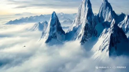 中国水墨画风格，巍峨的雪山峰顶被云雾环绕，山脊线条凌厉，远处层峦叠嶂如淡墨渲染，飞鸟盘旋于山谷间，史诗级壮丽场景。 by Hailuo AI Video Generator