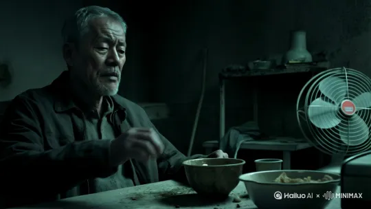 色调一致，固定镜头，昏暗狭小的房间，杂乱无章，男人坐在桌前，桌子上一个装着剩菜的碗，和一个破旧水杯，男人伸手去拿破旧水杯，正准备往嘴里送，远处破旧电风扇转着，画面描述一副萧瑟孤独感 by Hailuo AI Video Generator