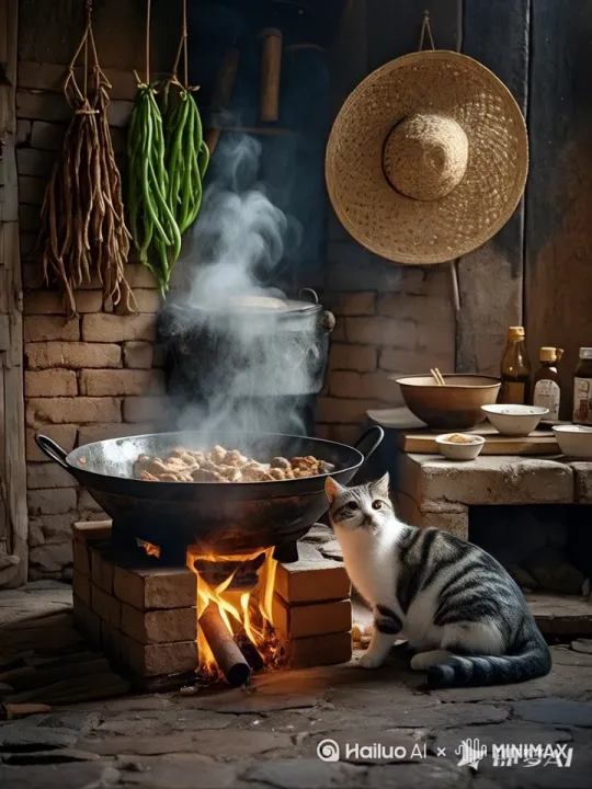 猫伸手去抓煮菜锅，用力过猛，煮菜锅整个反倒地，盖住猫的头，猫被热水烫，上蹿下跳。 by Hailuo AI Video Generator
