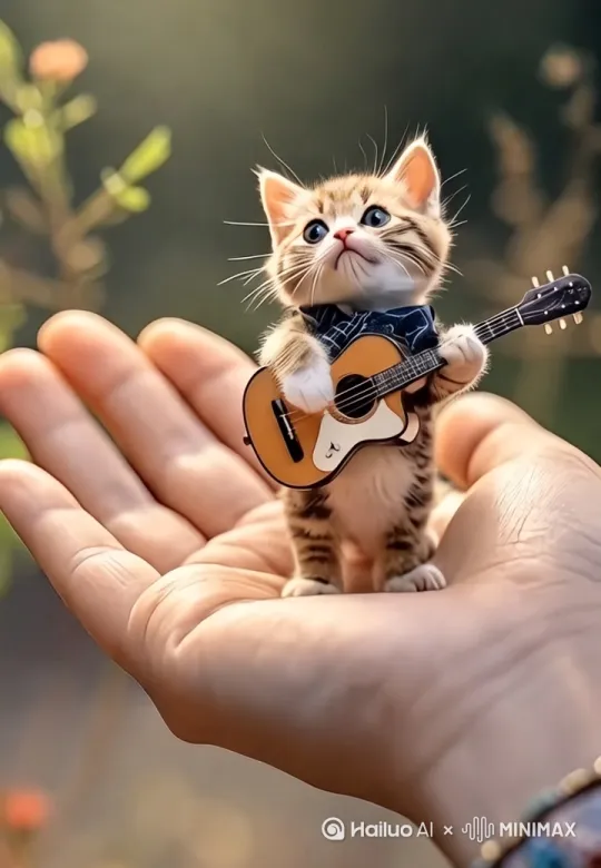[推进]手心里的小猫咪很投入的弹奏着吉他！表情认真严肃！ by Hailuo AI Video Generator