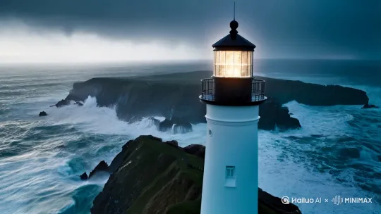 孤岛灯塔
提示词:
「上升镜头,暴风雨后的海边悬崖,海浪猛烈拍打礁石,灰蓝色天空下孤立的白色灯塔亮起微弱光芒。镜头聚焦灯塔窗口闪烁的光,逐渐拉远至全景,海鸥逆风盘旋,画面加入慢动作雨滴特效。」
*解析*:利用“上升镜头”展现场景层次,暴风雨后的阴郁色调与灯塔的微光形成视觉焦点,符合emo主题中“希望与孤独并存”的情感张力。 by Hailuo AI Video Generator