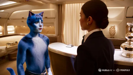 一个蓝色的胖猫人在飞机上，正在给他的空姐展示他的本科学生证，结果被空姐绑在了机翼上 by Hailuo AI Video Generator